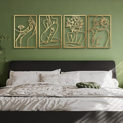 Bakovity Gold Metal Wall Art, Abstract Flower Line Sculpture, Gold Minimalist Modern Wall Decor for Living Room, Bedroom, Bathroom (4 Pieces, 22.5 x 15.7 Inches)