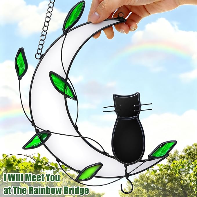 Stained Glass Window Hanging Suncatcher, IDEA SHOW Cat Loss Sympathy Gift, Real Glass Window Hanging Ornament, Handcrafted Home Decor Memorial Gift for Lover Cat Loss