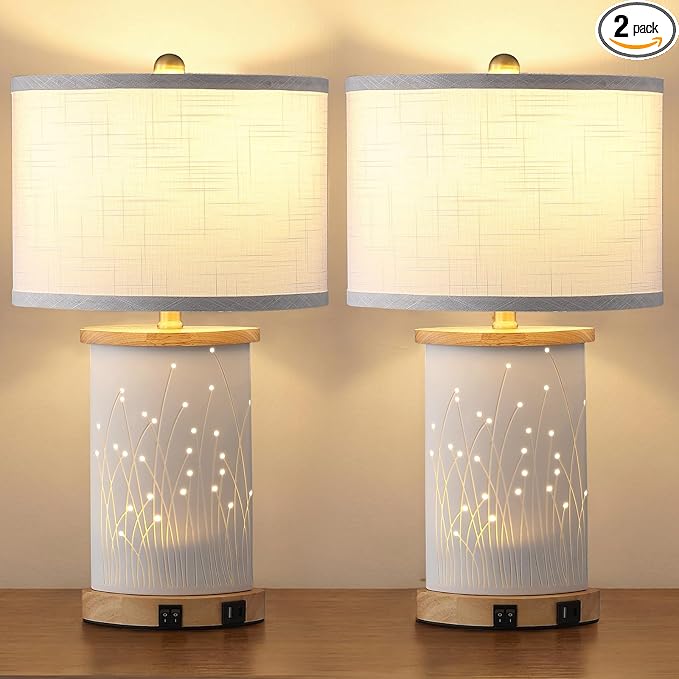 Set of 2 Ceramic Table Lamps with 3 Color Temperatures, Nightstand Table Lamps with AC Outlet, USB A & C Charging Port, Bedside Lamps for Living Room, Bedroom, Office Reading, Burlywood
