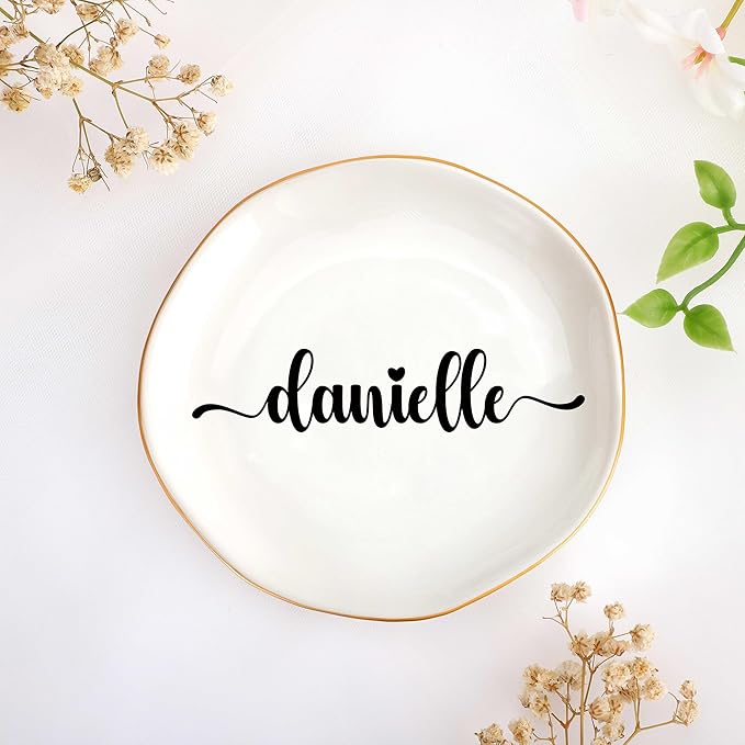 JoycuFF Danielle Personalized Name Ceramic Jewelry Tray, Mothers Day Christmas Anniversary Engagement Birthday Gifts for Women Couples, Trinket Dish for Rings Earrings Necklaces Bracelets Keys