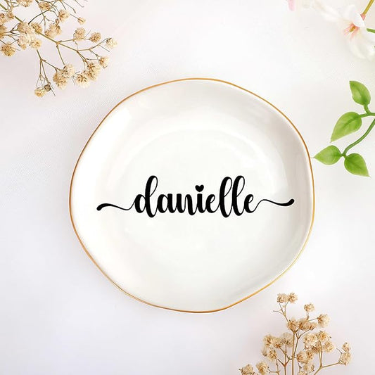 JoycuFF Danielle Personalized Name Ceramic Jewelry Tray, Mothers Day Christmas Anniversary Engagement Birthday Gifts for Women Couples, Trinket Dish for Rings Earrings Necklaces Bracelets Keys