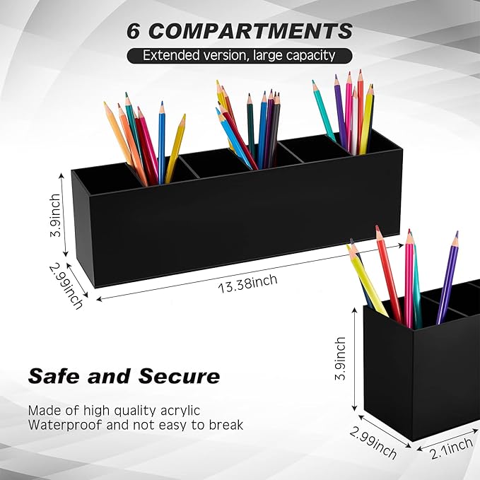 Jetec Acrylic Pen Holder 6 Compartments Makeup Brush Stationery Organizer Pencil Holder for Desk Accessories, Cosmetic Brushes, Dorm, Home, Bathroom, Kitchen, Office Supplies(Black)