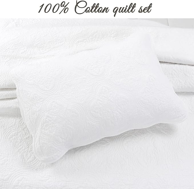 Cozy Line Home Fashions 100% Cotton Victorian Medallion Solid White Matelasse Embossed Bedding Quilt Set, Reversible Lightweight Bedspread, Coverlet for All Season (Blantyre - White, King - 3 Piece)