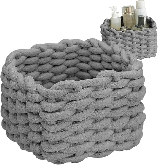 Small Woven Basket, Gray Small Basket Mini Cotton Rope Baskets for Little Items, Square Cute Baskets for Baby Room, Nursery, Bedroom