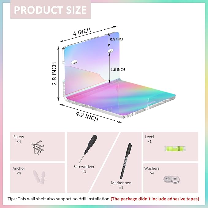 Sezanrpt 4 Inches Iridescent Small Wall Shelves, 4mm Thickness Acrylic Small Floating Shelf for Figures, Plants, Security Cameras, Speakers, Moisture-Proof, 2 Pack