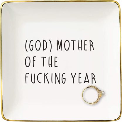 NZY Godmother of the Fucking Year-Funny Godmother Appreciated Gifts,Humorous Godmama Proposal Presents,Christening Baptism Christmas Gifts-Jewelry Tray Trinket Holder Ring Dish