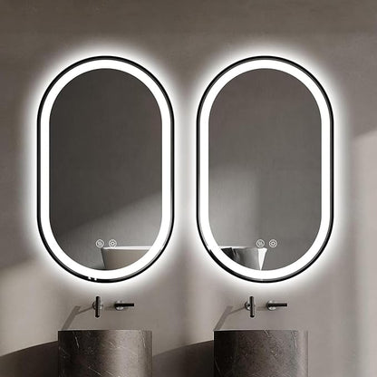 Niccy Oval LED Mirror for Bathroom, 40x24 Front Lit + Backlit Vanity Mirrors with Light Anti-Fog, Shatter-Proof, 3 Colors, Makeup Mirror with Black Frame (Horizontal/Vertical)