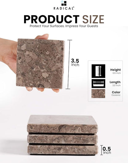 Radicaln Marble Coasters Square 3.5" Inches Oceanic Handmade Bar Style Coaster Set, Ideal Drink Coasters for Modern Home Bars, Absorbent Coaster Set of 6