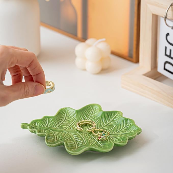 Ceramic Jewelry Tray Trinket Dish, Jewelry Dish for Women, Oak Leaf Ceramic Plate, Ring Dish Holder for Earrings Necklace Organizer, Mother's Day Christmas Birthday Gift