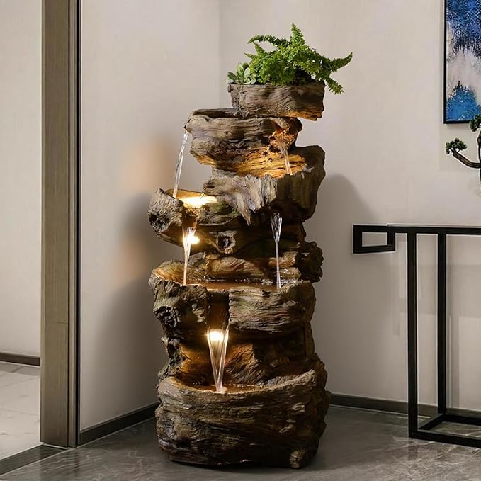 40" H Outdoor Water Fountain with 5 Tiers Large Cascading Realistic Tree Trunk Waterfall Fountains with LED Lights Outdoor Water Fountain for Garden Patio Backyard Porch Home Decor