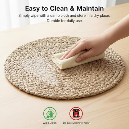 6 Pack 12 Inch Round Rattan Placemats, Wicker Chargers Slip Heat Resistant Rattan Placemat Washable Braided Table Mats Rustic Braided Wicker Chargers for Kitchens and Dining Rooms