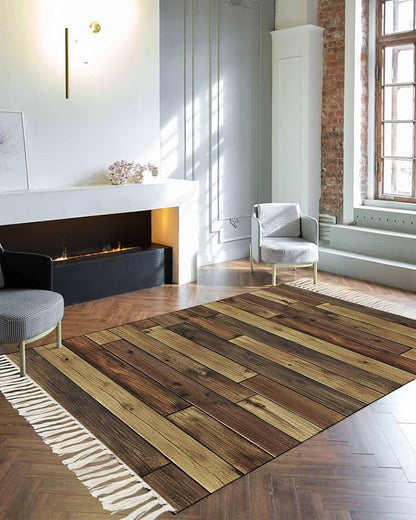 Brown Large Runner Rug 4X6 Ft Living Room Area Rug, Washable Woven Vintage Country Wooden Grain Throw Carpet with Tassel, Non-Shedding Farmhouse Cabin Retro Plank Stitching Art Bedroom Office Carpets