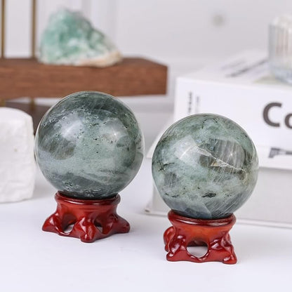 SUNYIK Natural Labradorite Ball Sphere with Resin Stand Polished Crystal Sphere Stone Figurine Decor for Home Office Tabletop, 2-2.3"(51-60mm)