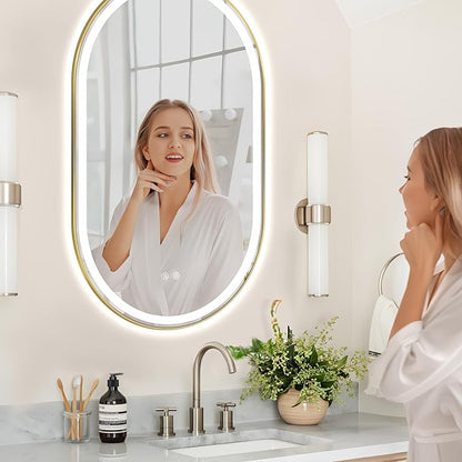 Niccy Oval LED Mirror for Bathroom, 48x24 Front Lit + Backlit Vanity Mirrors with Light Anti-Fog, Shatter-Proof, 3 Colors, Makeup Mirror with Old Gold Frame (Horizontal/Vertical)