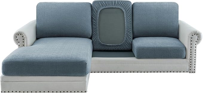 H.VERSAILTEX Super Stretch Individual Jacquard Couch Cushion Covers Furniture Protector Spandex Anti-Slip Soft Thickened Slipcovers Easy Install, (1 PC, Large Chaise Couch Cover, Stone Blue)
