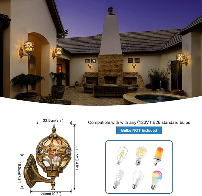 Gold Outdoor Wall Light Fixtures, Globe Exterior Aluminum Waterproof Porch Lights, Sphere Anti-Rust Outside Lantern Wall Mount with Amber Glass for Patio Backyard Garage Doorway, 2 Pack