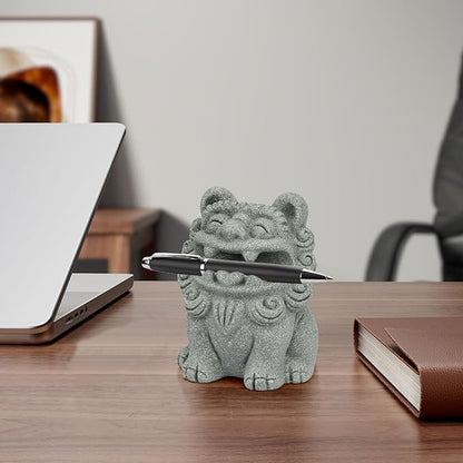 Cute Pen Holder for Deask, Lion Stone Pen Stand, Chinese Feng Shui Desk Organizer, Animal Figure for Office/Study Display Decoration