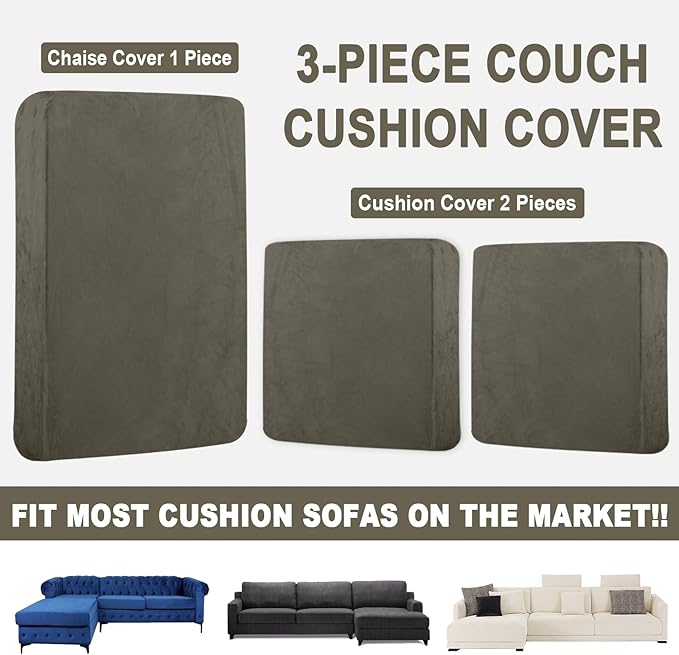 Sectional Couch Covers for 3-Piece Seat Cushion Velvet Separate L Shape Couch Cover Stretch Sofa Slipcover with 2 Pieces Pillowcases Furniture Protector (Sofa 2 Seater + 1 Chaise, Olive Green)