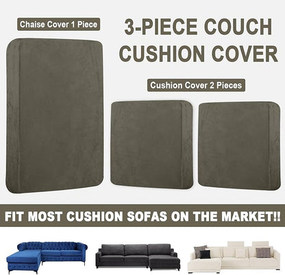 Sectional Couch Covers for 3-Piece Seat Cushion Velvet Separate L Shape Couch Cover Stretch Sofa Slipcover with 2 Pieces Pillowcases Furniture Protector (Sofa 2 Seater + 1 Chaise, Olive Green)
