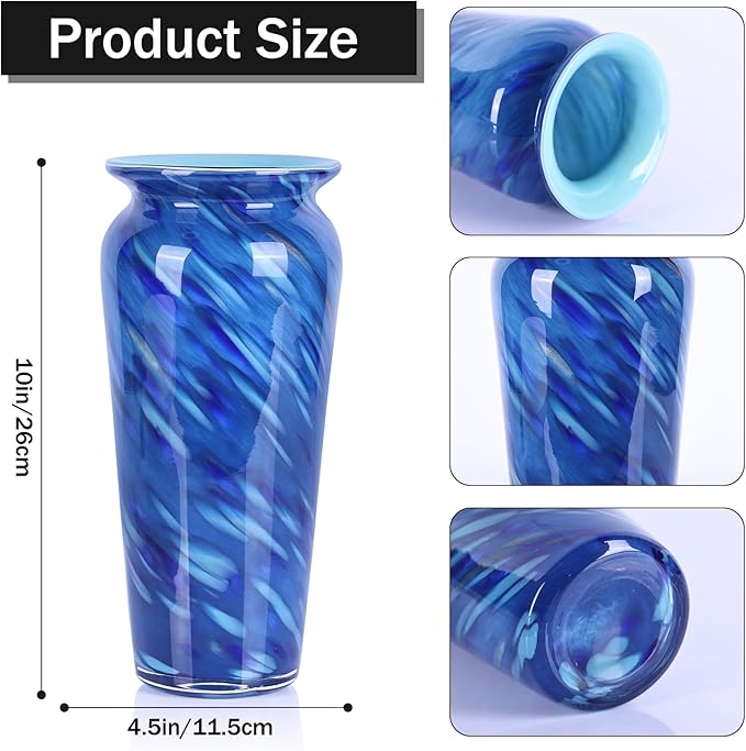Blown Glass Blue vase, Blue Home Decor, Modern Art Wide Mouth vase for Living Room Dining Table Coffee Table entryway TV Stand nightstand Centerpiece.