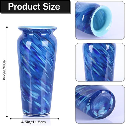 Blown Glass Blue vase, Blue Home Decor, Modern Art Wide Mouth vase for Living Room Dining Table Coffee Table entryway TV Stand nightstand Centerpiece.