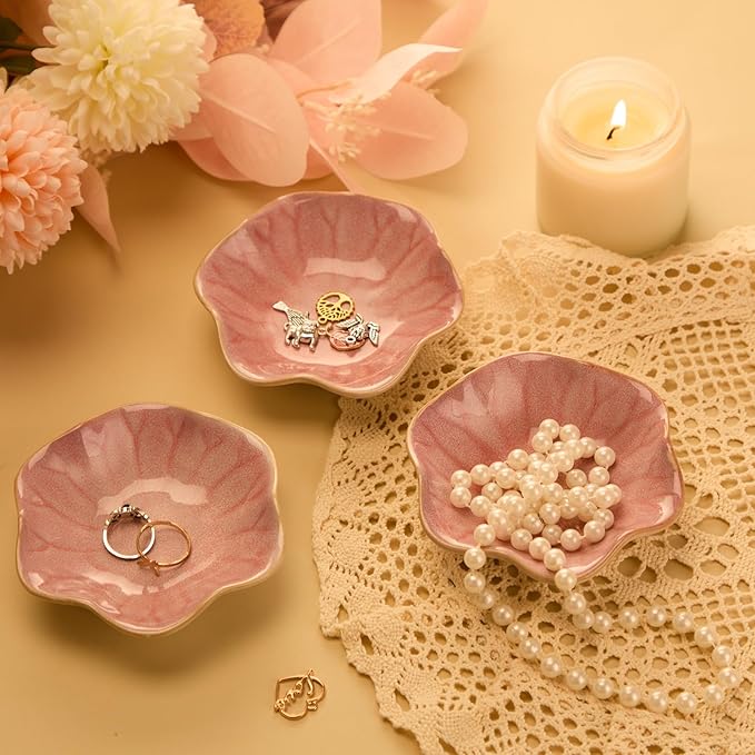 8 Pcs Ceramic Trinket Dish Lotus Leaf Jewelry Tray Small Ring Dish for Earrings, Rings, Jewelry Holder, Key Bowl(Pink)