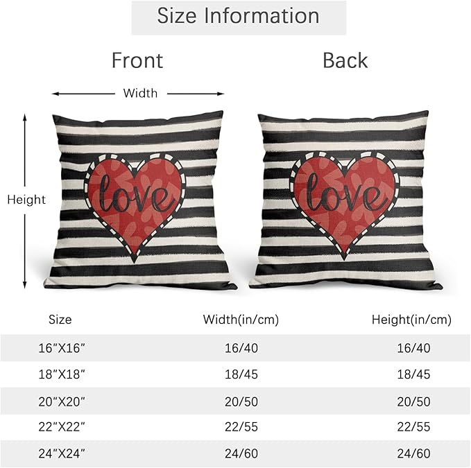 Valentines Day Pillow Covers 16x16 Set of 2 Black Red Heart Throw Pillow Covers Striped Love Pillowcase Linen Decoration Farmhouse Holiday Cozy Soft Cushion Case Couch for Indoor Outdoor Home Decor