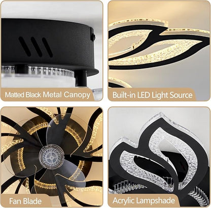 25" Black Geometric Ceiling Fan with Lights and Remote Control, 3 Light Color 6 Speeds Flush Mount Low Profile Ceiling Fan for Bedroom Kitchen