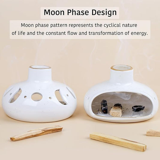 ZenBless 3 in 1 Incense Holder for Palo Santo Sticks Sage Incense, Handcrafted Ceramic Incense Burner Holder Ash Catcher with Chimney, Smudge Bowl for Yoga Meditation Room Home Decor