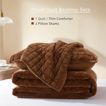 LEAONME Velvet Quilt Full/Queen Size-90''x98'', Lightweight Caramel Velvet Comforter Set with 2 Pillow Shams, Soft Bedspread Coverlet Quilted Bedding Set for All Season