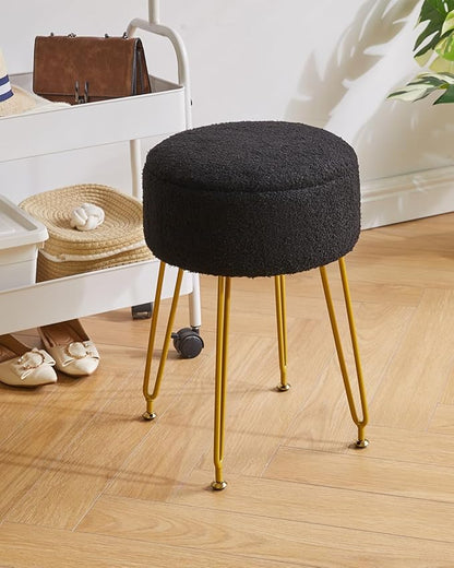 IBUYKE Teddy Velvet Storage Footrest Stool Ottoman, Makeup Vanity Stool Side Table with Removable Cover, Golden Steel Legs, Coffee Table Top Cover, Black WBD010B