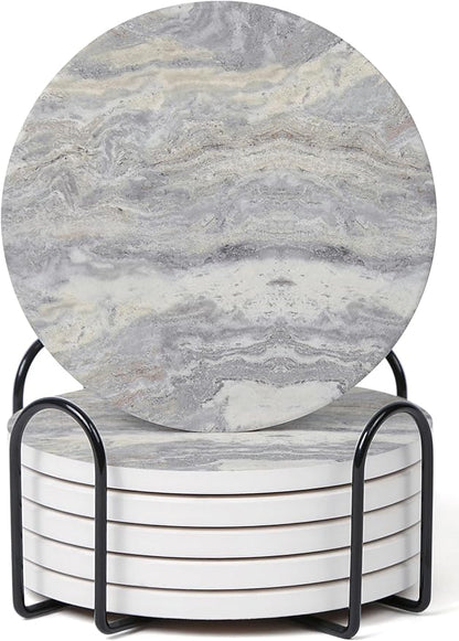 Set of 6 Light Gray Abstract Onyx Marble Coasters with Holder, Absorbent Ceramic Drink Coasters for Table Protection, Coffee Table Decor