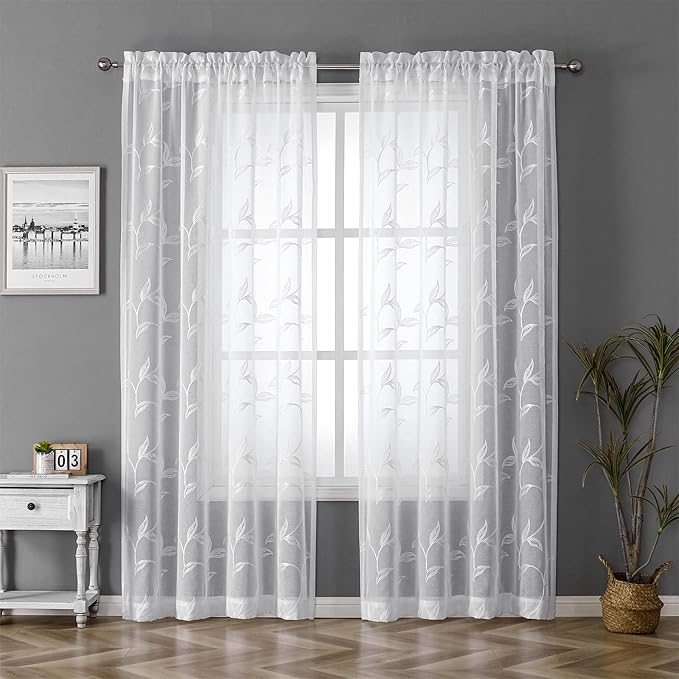 VISIONTEX White Sheer Curtains 95 Inches Long 2 Panels Set Embroidered Floral Leaf Pattern Rod Pocket Semi Sheer Voile Window Curtains/Drapes for Bedroom Living Room 54 x 95 Inches