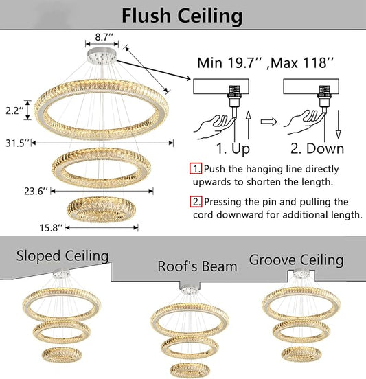 3 Rings Chandelier Modern Dimmable High Ceiling Large Ring Chanderliers Entryway Crystal Pendant Lights for Entryway Foyer Living Room Silver Light