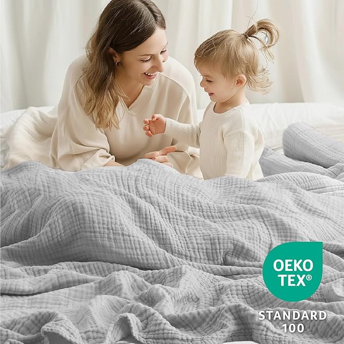 100% Cotton Muslin Blanket King 108" x 90", Breathable and Lightweight Cotton Throw Blankets for Bed, Soft Cooling Summer Gauze Blanket for Adults All Season, Light Grey