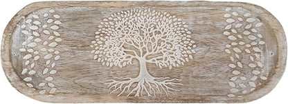 VANIYA CRAFTS® Wooden Handmade Tree of Life Design Boat Shape Incense Holder Stand Insence Tray for Sticks Home Decor Restaurant (11X4,Antique White)