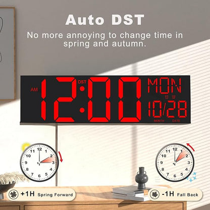 JALL 29.8" Large Digital Wall Mount Clock with Remote Control, Alarm, Big LED, Countdown, Auto DST, Temperature for Living Room Classroom Desk, Red Font
