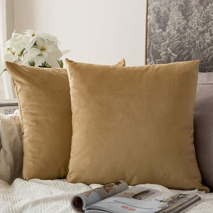 MIULEE Velvet Throw Pillow Covers 16x16 Inch, Pack of 2 - Khaki, Soft Solid Decorative Pillow Covers Cushion Cases Modern Luxury Home Decor for Couch Sofa Bedroom Livingroom