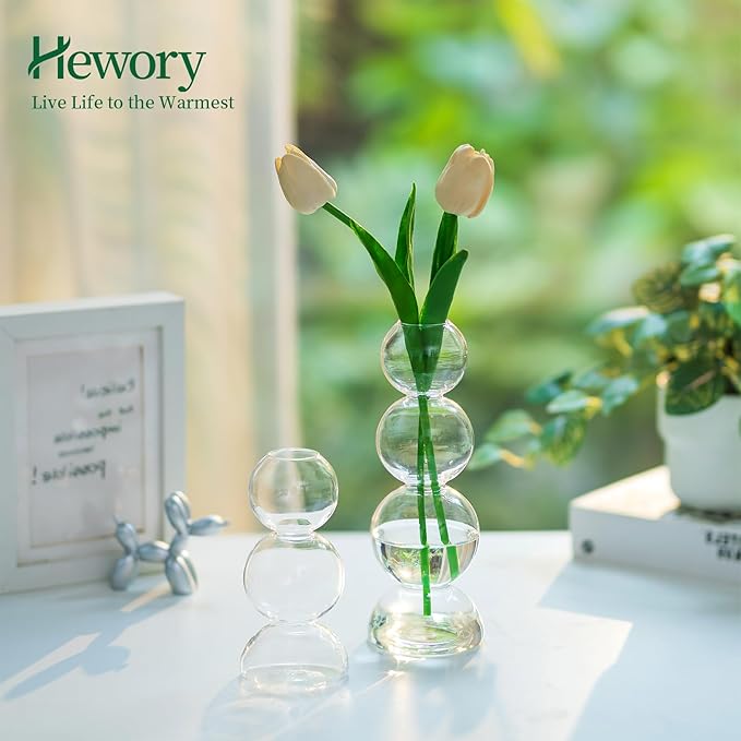 Glass Bubble Vases for Flowers, Hewory 2pcs Clear Unique Cute Single Flower Vase for Centerpieces, Funky Aesthetic Vase Skinny Bud Vase, Cool Groovy Decor for Home Living Room Bedroom Office Tabletop
