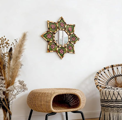 Peruvian starburst mirror Decorative Wall Mirror 11.8 Inch 2D Pattern Mirrors Small Decorative Mirrors for Living Room, Boho & Moroccan Style Mirror Wall Art with Wood Frame, Vintage Home Decor