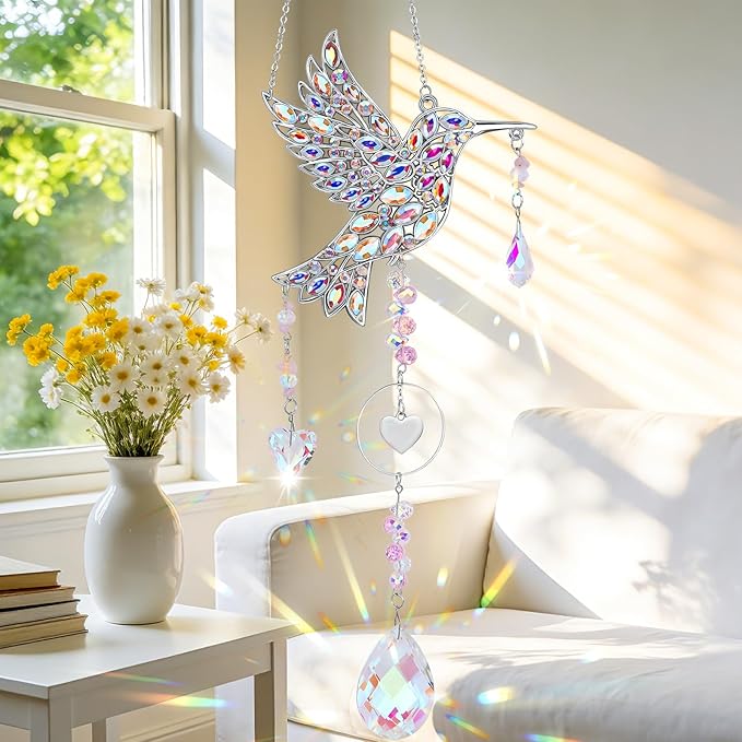 Hummingbird Gifts for Women, Hanging Crystal SunCatcher Indoor Window, Mothers Day Birthday Housewarming Gifts for Mom Grandma Friends Bird Lovers, Hummingbird Sun Catcher Outdoor Garden Home Decor