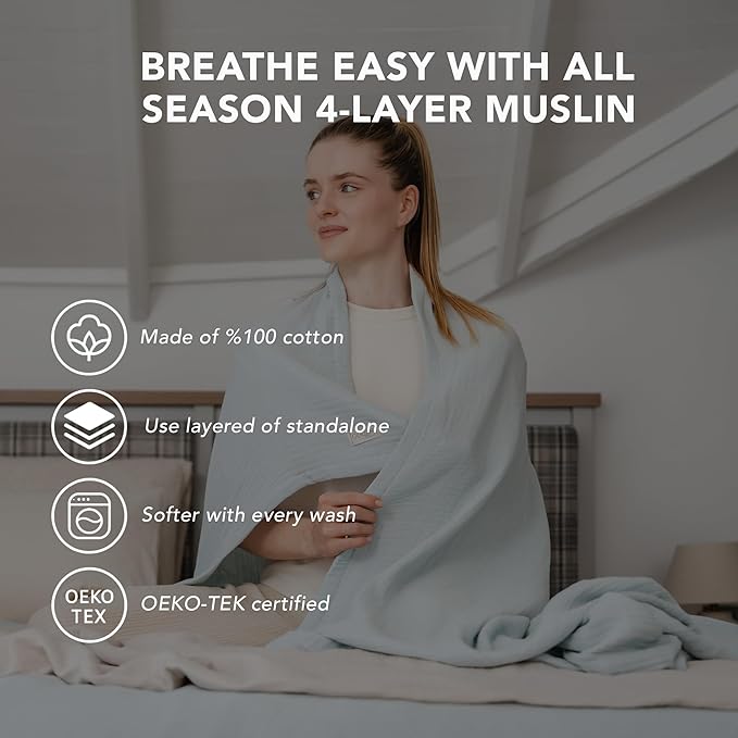 Goqan Throw Blanket 55x60 – 100% Turkish Cotton 4 Layer Boho Muslin Blanket for Adults, Four Season Blanket Lightweight and Thin, Soft, Breathable for Bed, Couch, Picnic - Aqua Green