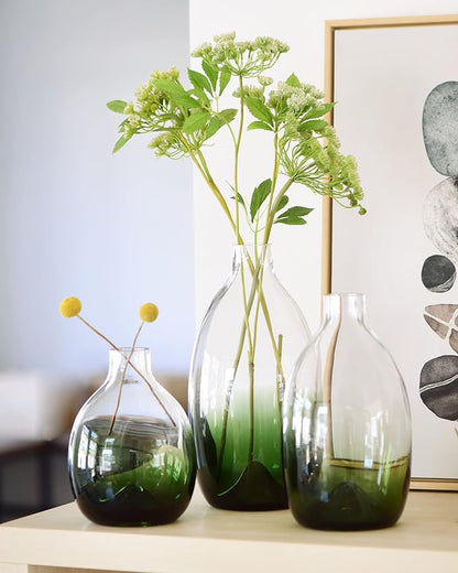 CONVIVA Modern Green Vase Set, Glass Flower vases,Large Decorative Centerpieces Kitchen Island Dining Table Living Sunroom Office Tabletop Set of 3,11"+9"+7" H