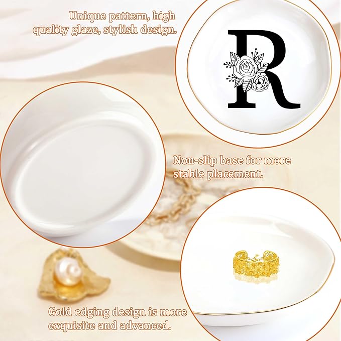 JoycuFF Initial R Ceramic Jewelry Tray, Bridesmaid Bride Gifts, Mothers Day Christmas Anniversary Engagement Birthday Gifts for Women Couples, Trinket Dish for Rings Earrings Necklaces Bracelets Keys