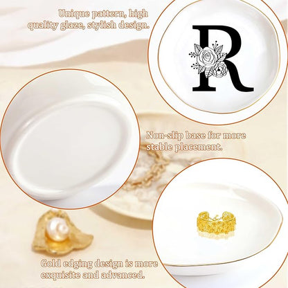 JoycuFF Initial R Ceramic Jewelry Tray, Bridesmaid Bride Gifts, Mothers Day Christmas Anniversary Engagement Birthday Gifts for Women Couples, Trinket Dish for Rings Earrings Necklaces Bracelets Keys