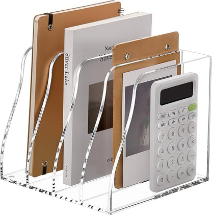 SANRUI Acrylic Desk Magazine File Organizer, 4 Vertical Compartments Clear Document Sorter Organizer Holder Workspace Sorters, Folder Rack for Office Accessories Organization Storage, B5 Size