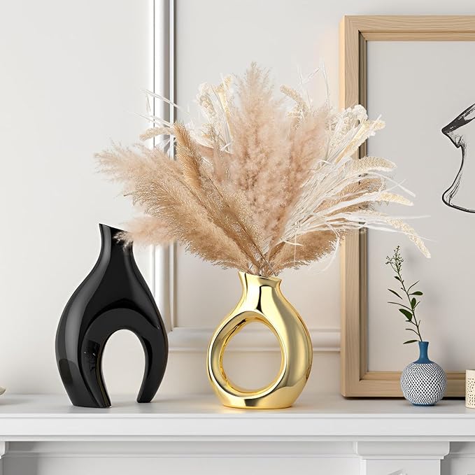 Black Gold Modern Abstract Ceramic Vases for Home Decor,Nordic Snuggle Hollow Design for Flowers Pampas Grass Decorative,for Living Room Coffee Table Centerpiece,Entrance,Console (Black)
