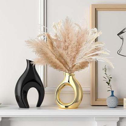 Black Gold Modern Abstract Ceramic Vases for Home Decor,Nordic Snuggle Hollow Design for Flowers Pampas Grass Decorative,for Living Room Coffee Table Centerpiece,Entrance,Console (Black)