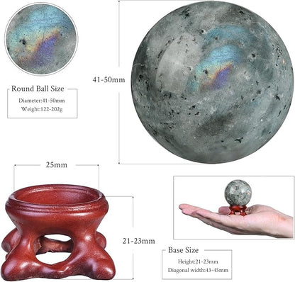 moonsix Natural Labradorite Crystal Sphere with Resin Stand Healing Energy Stone Decorative Ball Sculpture for Home Office Tabletop, 41-50 mm