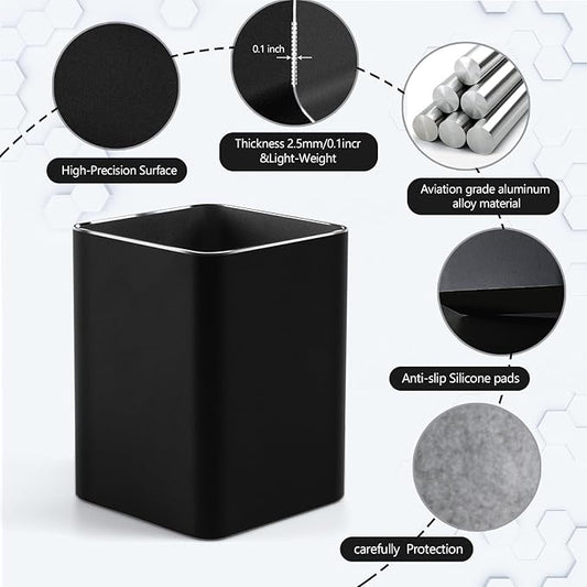 RQB Metal Pen Holder for Desk Square Aluminum Desktop Organizer and Makeup Brush Holder Storage Box for Office, School, Home, and Kids, Non-slip silicone 4×3.15inch (Black)